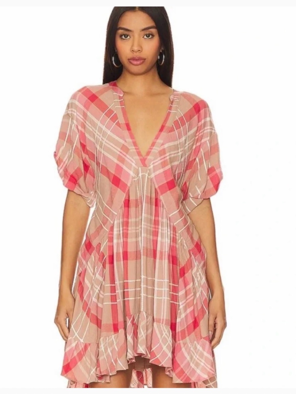 Free People Red and Brown Plaid High-Low Tiered Dress